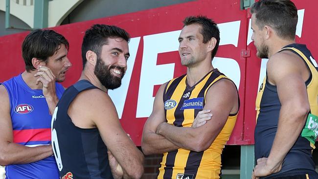 AFL Captains Ryan Griffen, Kade Simpson, Luke Hodge and Brett Deledio at Adelaide Oval. Picture: George Salpigtidis