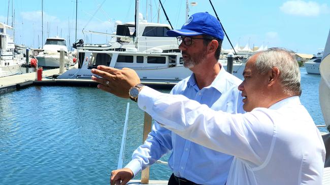 Gold Coast Waterways Authority CEO Hal Morris and Gold Coast Mayor Tom Tate at Southport Yacht Club in November. Picture: Luke Mortimer.