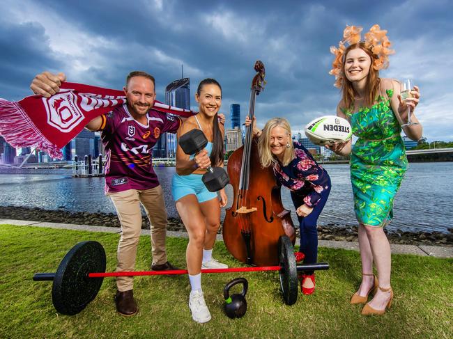 May Madness - NRL fan Ray Cramm, Torian Pro Athlete Belinda Keogh, Camerata QLDÃs Chamber Orchestra -Marian Heckenberg and and Scarlett Young wears Sacha Drake.Picture: Nigel Hallett****0413141941******Sacha******