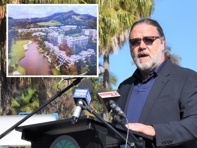 Actor Russell Crowe unveiling his plans to build a film studio at Coffs Harbour's Pacific Bay Resort.