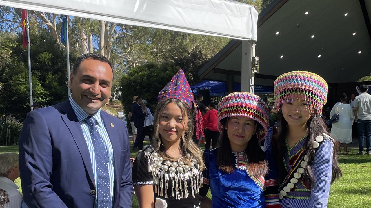 Gurmesh Singh, Ja Tsin, Ami and Lu Lu at the Australia Day ceremony at the Botanic Gardens in Coffs Harbour. Picture: Matt Gazy