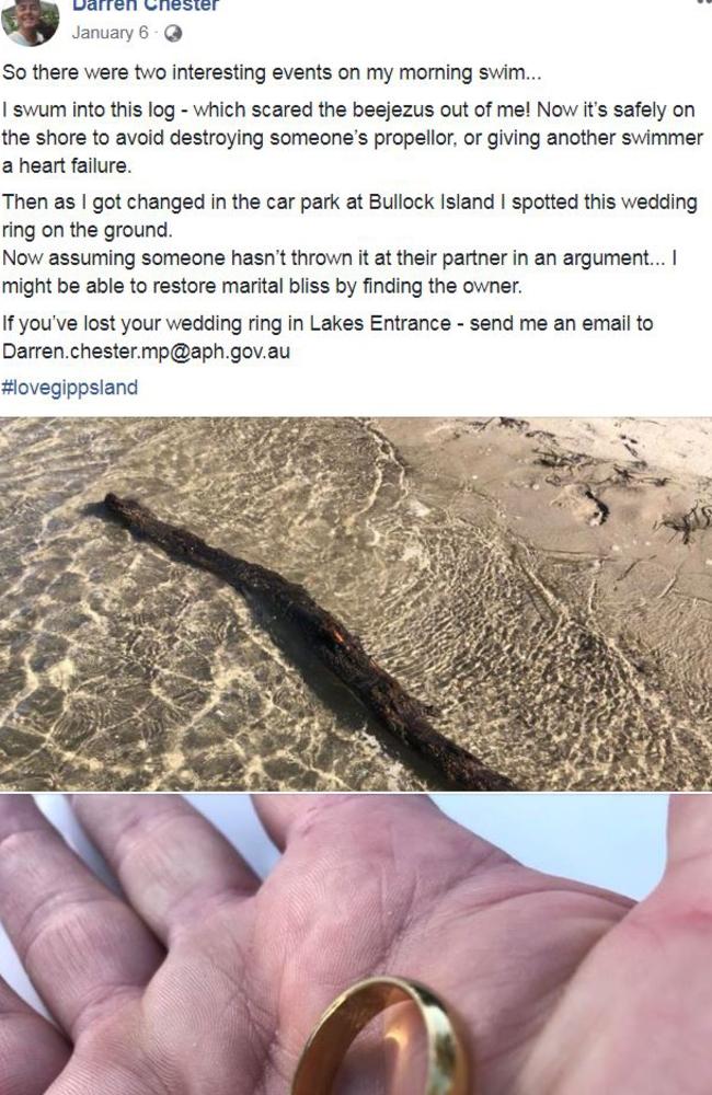 Darren Chester’s Facebook post about finding a ring at Lakes Entrance. Picture: Facebook