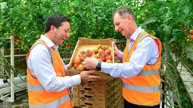 Matthew Guy in Warragul with opposition energy spokesman David Southwick. Picture: NCA NewsWire/Nicki Connolly