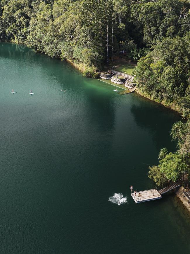 Aerial of swimmers and SUPing at Lake Eacham on the Atherton Tablelands. Picture: Tourism Tropical North Queensland