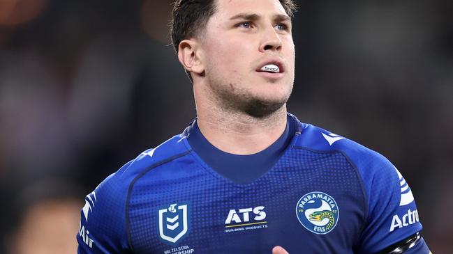 SYDNEY, AUSTRALIA - MAY 30: Mitchell Moses of the Eels looks on after a Sharks try during the round 13 NRL match between Parramatta Eels and Cronulla Sharks at CommBank Stadium on May 30, 2024, in Sydney, Australia. (Photo by Cameron Spencer/Getty Images)