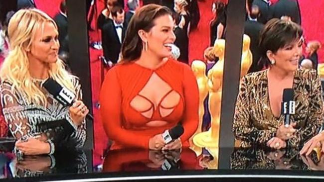 Ashley Graham (centre) with Kris Jenner (right) at the 2016 Oscars. Picture: E!