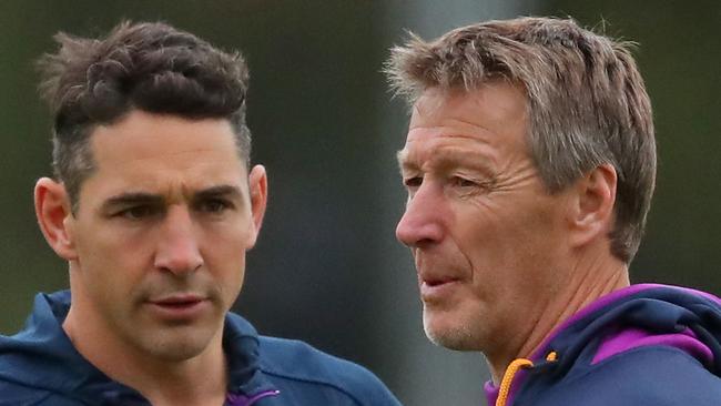 Melbourne Storm coach Craig Bellamy (right) has refused to rule out taking a job at the Brisbane Broncos. Picture: Scott Barbour/Getty