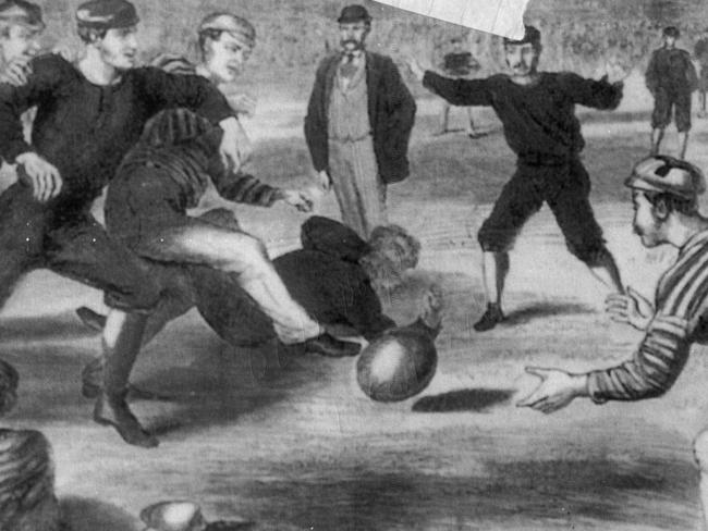 Illustration of what a game of footy was like in 1877. Photo: 100 Years of Australian football.