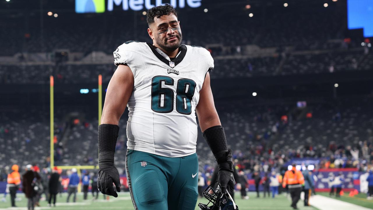 EAST RUTHERFORD, NEW JERSEY - JANUARY 07: Jordan Mailata #68 of the Philadelphia Eagles walks off the field after a loss to the New York Giants at MetLife Stadium on January 07, 2024 in East Rutherford, New Jersey. (Photo by Elsa/Getty Images)