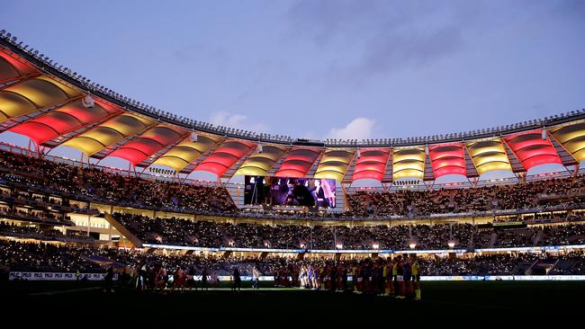 The Eagles and Bombers line up for the Welcome to Country during last week’s clash at Perth Stadium. Picture: Will Russell/AFL Photos