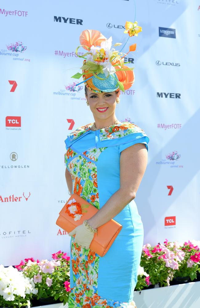 Casandra Ambrose all dressed up at Flemington Racecourse on Melbourne Cup Day 2014. Picture: Stephen Harman