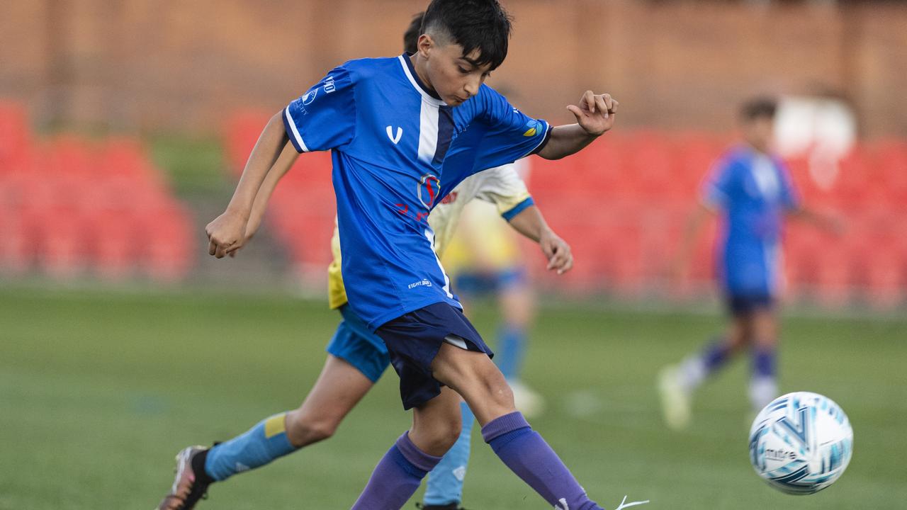 Samr Qaeerani of Rockville Rovers White against USQ FC in Football Queensland Darling Downs Community Juniors U13 Div 1 Maroon grand final at Clive Berghofer Stadium, Friday, August 30, 2024. Picture: Kevin Farmer