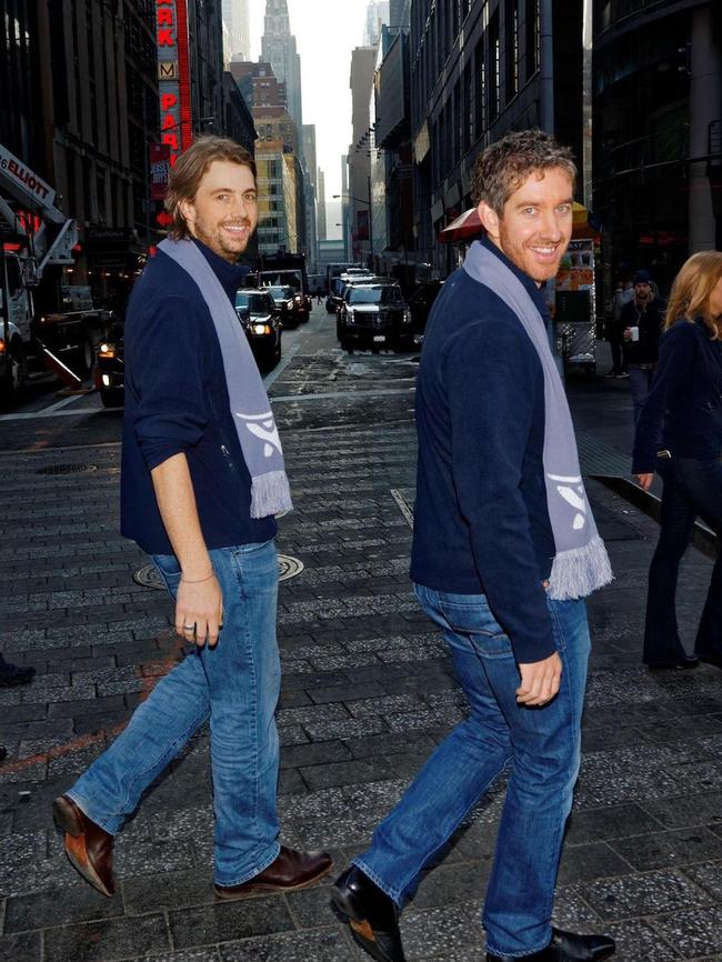 Matching scarfs: Mike Cannon-Brookes (left) and Scott Farquhar in New York.