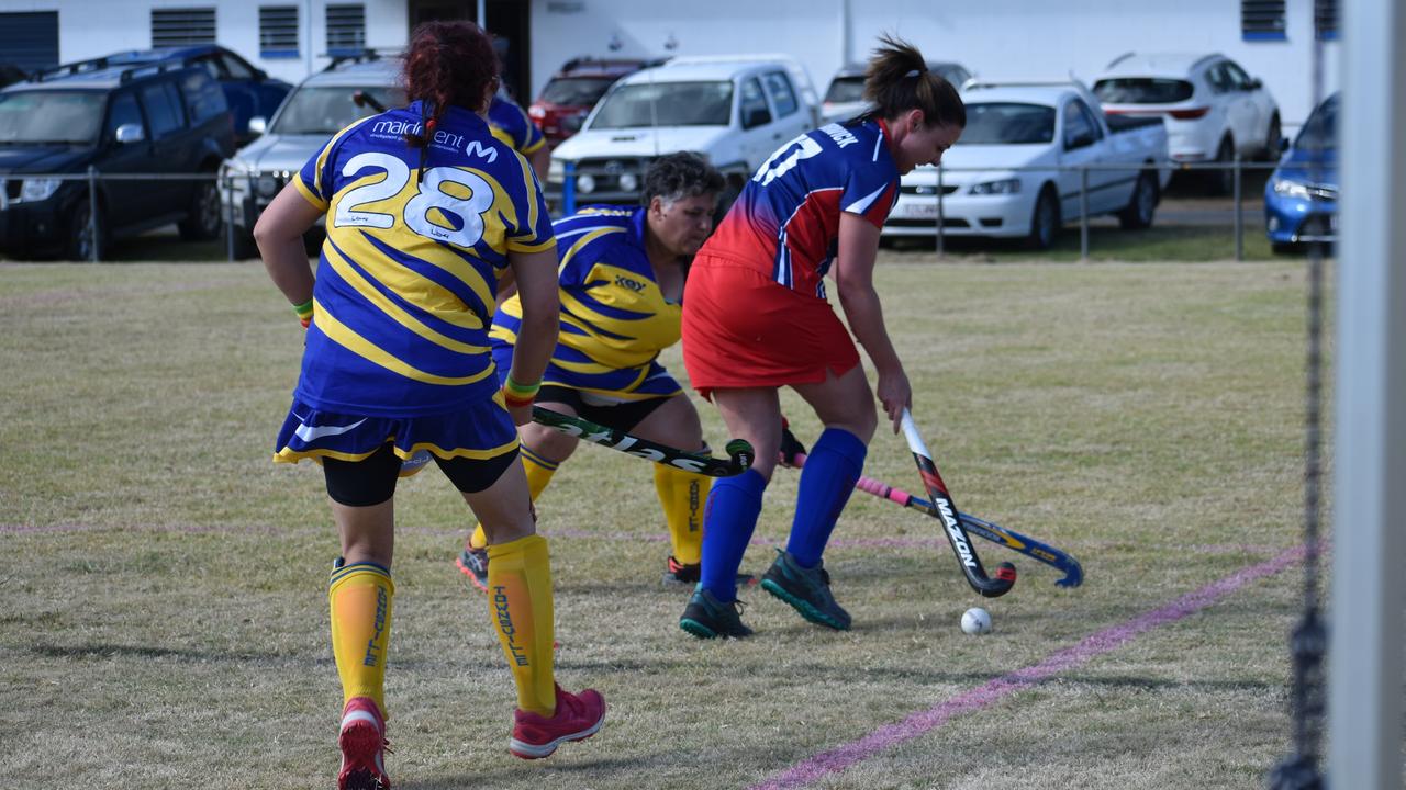 Danielle Cook lining up a goal for Warwick in their match-up with Townsville at the 2021 Queensland Hockey Women's Masters Championship at Queens Park.