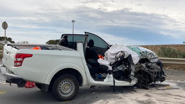 The scene of the ute and bus crash on Victor Harbor Rd. Picture: 9 News/ Ollie Haig