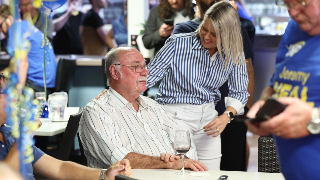 A forlorn Warren Entsch is greeted by Member for Barron River Bree James at the post election party for LNP candidate for Leichhardt Jeremy Neal, held at Cairns Kangaroos Leagues Club in Mooroobool. Picture: Brendan Radke