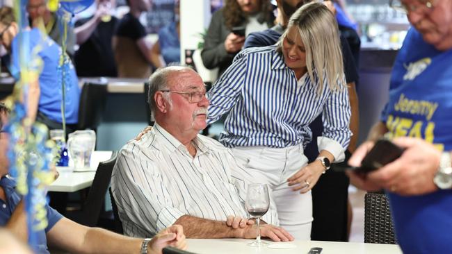 A forlorn Warren Entsch is greeted by Member for Barron River Bree James at the post election party for LNP candidate for Leichhardt Jeremy Neal, held at Cairns Kangaroos Leagues Club in Mooroobool. Picture: Brendan Radke
