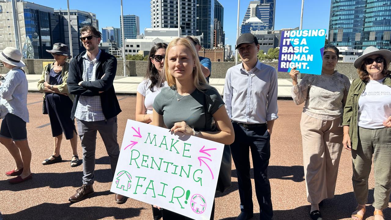 Renters and housing advocates rallied at Parliament House in Perth for the state government to end no-grounds evictions.