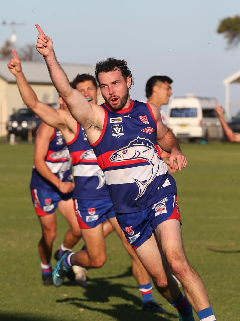 Queenscliff's Jordy McIvor-Clark celebrates a goal. Picture: Alan Barber