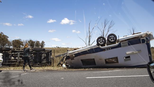 CRASH – 4WD and Caravan rollover on the New England Highway, 2kms south of Browns Road on the outskirts of Stanthorpe. Picture: NIGEL HALLETT