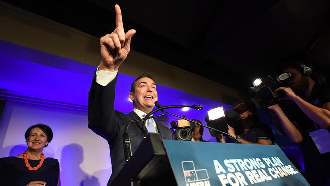 Newly elected South Australian Premier Steven Marshall addresses supporters on election night. Picture: Tracey Nearmy