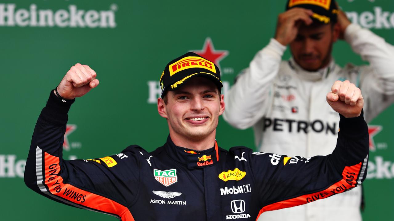 Race winner Max Verstappen celebrates on the podium. Picture: Mark Thompson