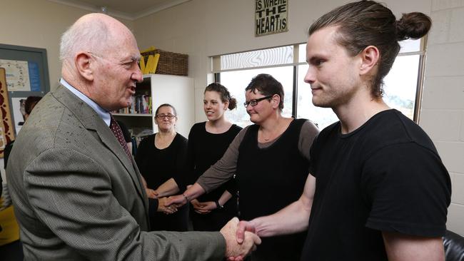 Governor General Peter Cosgrove meets Hilltop Community Shop trainee John Cameron. Picture: CHRIS KIDD