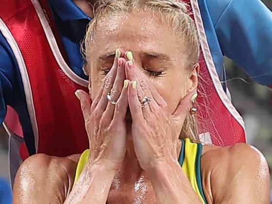 TOKYO, JAPAN - AUGUST 04:  Genevieve Gregson of Team Australia is taken off in a wheelchair after failing to finish the Women's 3000m Steeplechase Final on day twelve of the Tokyo 2020 Olympic Games at Olympic Stadium on August 04, 2021 in Tokyo, Japan. (Photo by Christian Petersen/Getty Images)