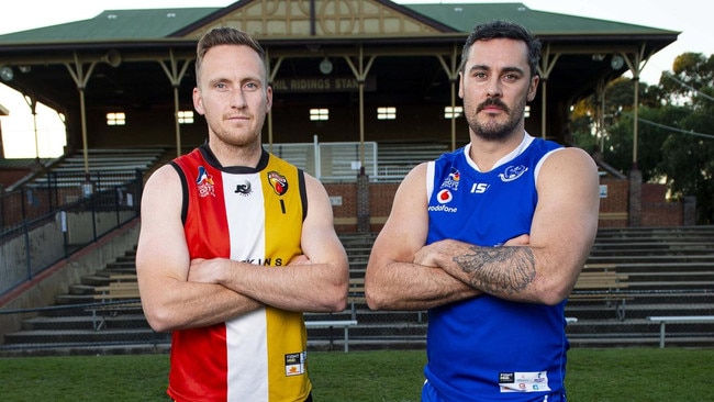 Lou Whitlelock (Goodwood Saints) and Jesse O'Brien (SPOC). O’Brien has been a standout for Onkaparinga Valley since joining from St Peter’s OC. Picture: Mark Brake