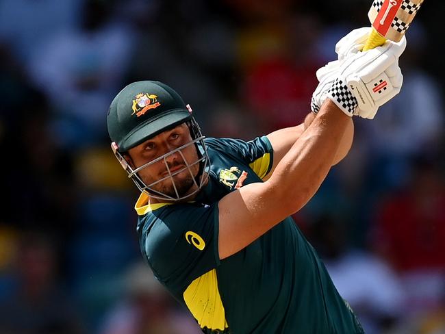 BRIDGETOWN, BARBADOS - JUNE 08: Marcus Stoinis of Australia bats during the ICC Men's T20 Cricket World Cup West Indies & USA 2024 match between Australia  and England at  Kensington Oval on June 08, 2024 in Bridgetown, Barbados. (Photo by Gareth Copley/Getty Images)