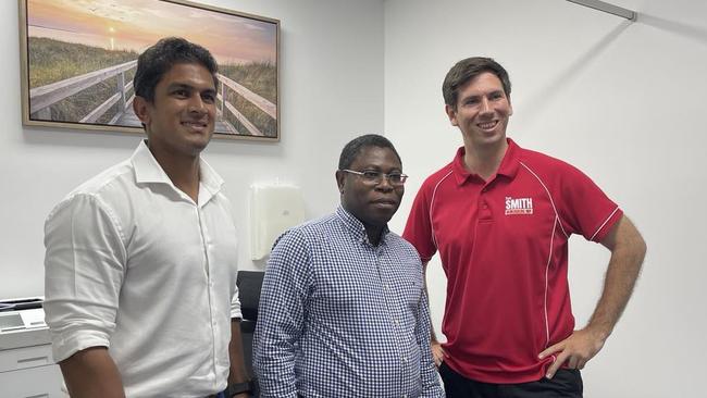 Doctor Ashan Amarakoon (right) will welcome patients to the clinic opened by Dr Ayo Adeniji (centre), pictured with Bundaberg MP Tom Smith (left).