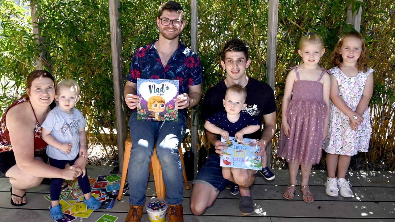 Courtney and Lachlan Eastwell with author Rory Hammersley-Mather, Boston and Sam Stephens, and Lilia Bennett and Isabelle Pates. Children's author, Rory Hammersley-Mather booking signing at Walton Stores.