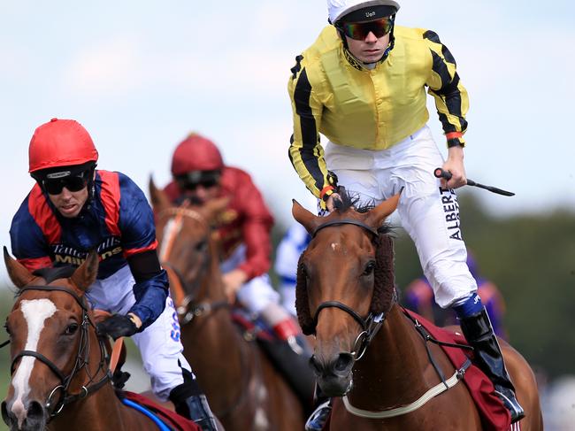 Big Orange ridden by Jamie Spencer (centre) celebrates victory in the Qatar Goodwood Cup during day three of the Glorious Goodwood Festival, Chichester.. Picture date: Thursday July 30, 2015. See PA story RACING Goodwood. Photo credit should read: John Walton/PA Wire