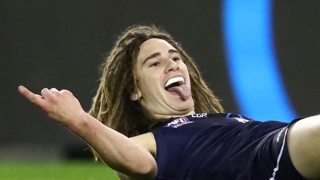 Gryan Miers celebrating one of his seven goals in the 2017 TAC Cup grand final. Picture: Getty Images