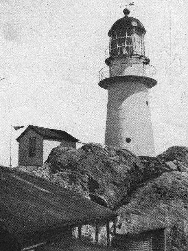 Lighthouses of Australia say the original lighthouse oil burner lamp was fuelled by whale or vegetable oil. This photograph is of the lighthouse on Pine Island in 1931. Picture: John Oxley Library, State Library of Queensland.