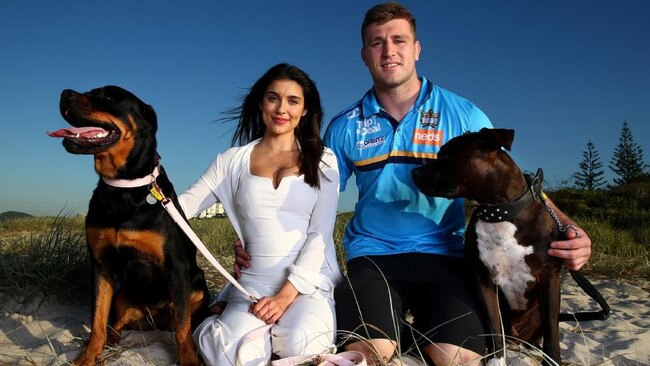 Buzz Sunday tele dogs story Gold Coast Titans NRL star Jai Arrow, model girlfriend Taylah Cannon and their dogs. Supplied 20/11/19