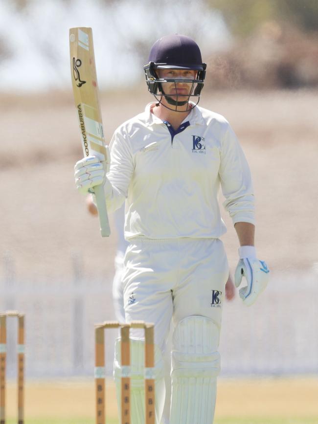 Kane Pickering raises the bat for a half century. Picture: Mark Wilson