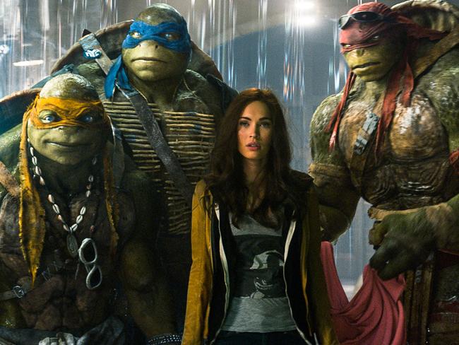 Back with a bang ... Michelangelo, Leonardo, Megan Fox as April O'Neil and Raphael.