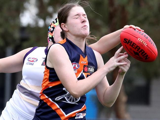 Hayley Doohan of the Bushrangers attempts to spoil Georgia Sampson of the Cannons during the NAB League girls football match between Calder Cannons and the Murray Bushrangers played at Highgate Recreation Resever in Craigieburn on Saturday 6 April, 2019.