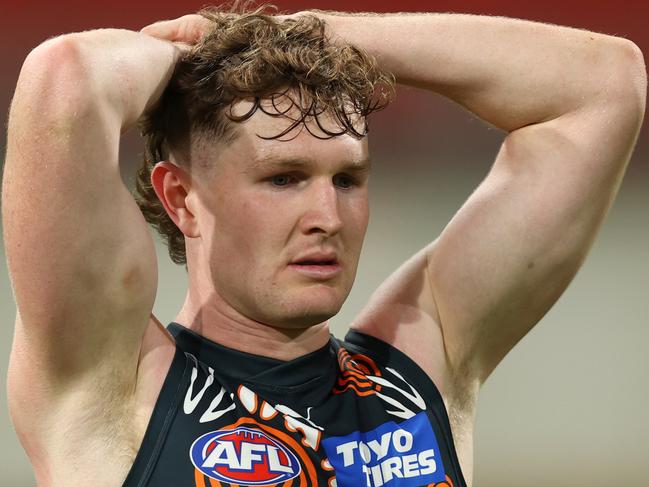 SYDNEY, AUSTRALIA - MAY 18: Tom Green of the Giants looks dejected during the round 10 AFL match between Greater Western Sydney Giants and Western Bulldogs at ENGIE Stadium on May 18, 2024 in Sydney, Australia. (Photo by Jason McCawley/AFL Photos/via Getty Images)