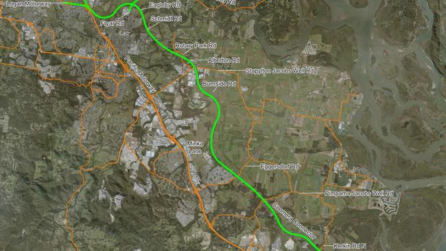 Coomera connector alignment map and aerial map supplied by Queensland Main Roads. Picture: Queensland Government.