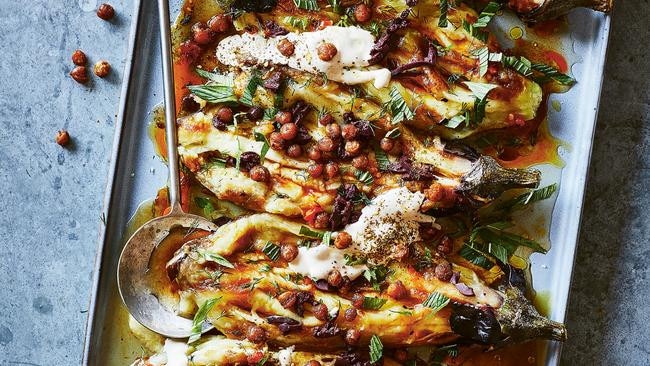 Whole eggplants with crispy chickpeas, olives and tahini.