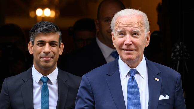 Britain's Prime Minister Rishi Sunak and Joe Biden. Picture: Leon Neal/Getty Images