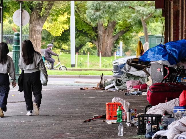 MELBOURNE, AUSTRALIA - NewsWire Photos 22  APRIL 2023: Homeless people and their belongings are seen near MelbourneÃ¢â¬â¢s Queen Victoria market.Picture: NCA NewsWire / Luis Ascui