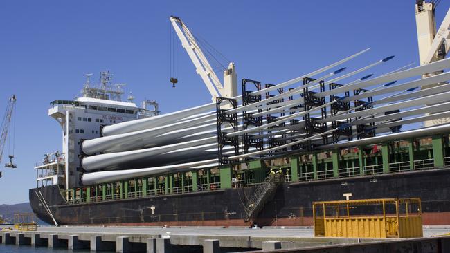 A ship carrying 68.75m wind turbine blades arrives in the Port of Bell Bay. Picture: TAS PORTS CORPORATION