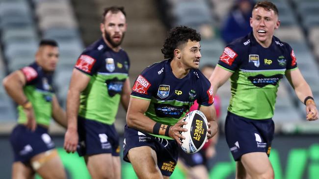 Replacement winger Xavier Savage takes a run during his shortened NRL debut. Picture: NRL Photos