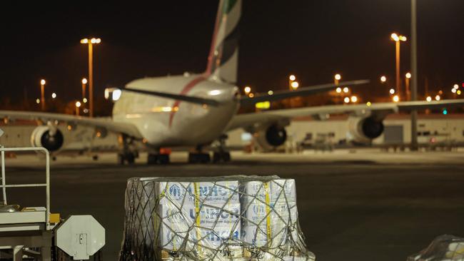 A UNHCR relief cargo pallet slated for war-ridden Sudan is loaded on to an airplane in Dubai on May 8. Picture: Giuseppe Cacace/AFP