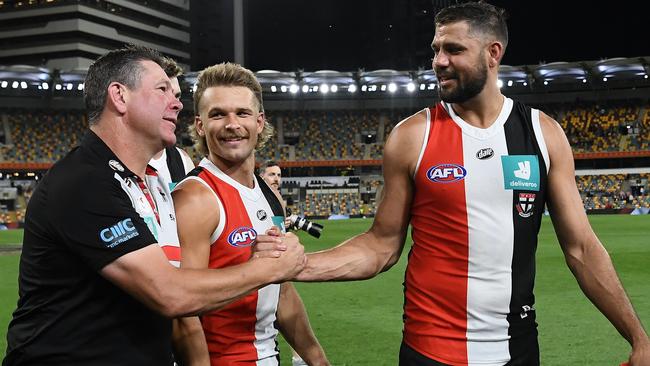 Brett Ratten and Paddy Ryder share a moment after the match. Picture: Getty Images