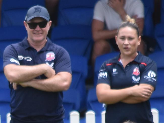 Mahlie Cashin passes out of dummy half as John Strange and Keeley Davis watch on. Picture: Sean Teuma. NSWRL Junior Reps 2025 - Tarsha Gale Cup trial - St George Dragons vs Sydney Roosters at Mascot Oval, 11 January 2025