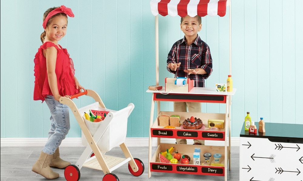 Childrens wooden shop store stall aldi